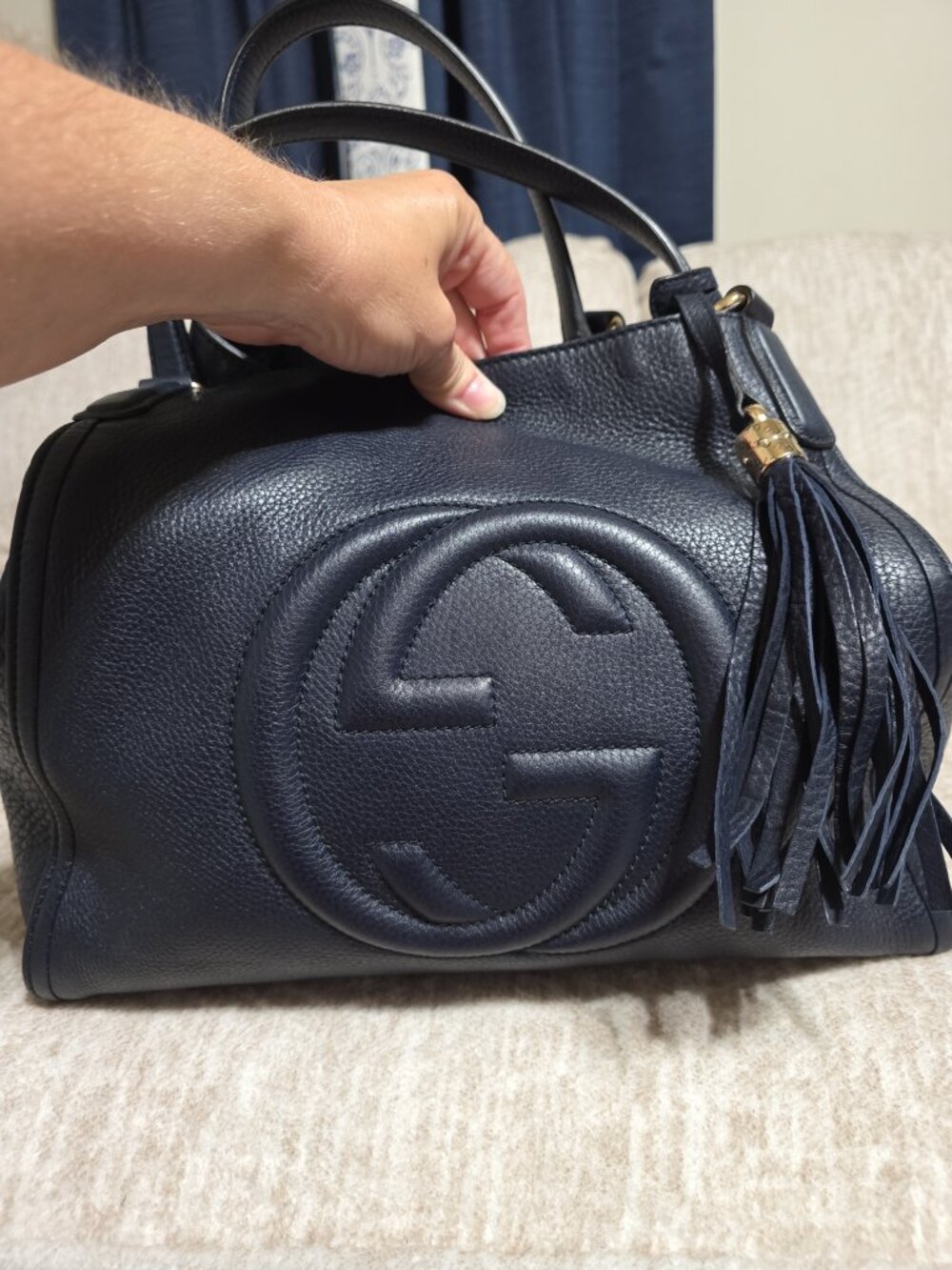 Authentic Navy Blue Gucci Soho Hobo Medium Shoulder Bag